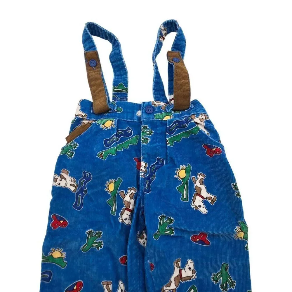 Vtg Oshkosh Corduroy Western Horse Suspender Pants Size 18 Months Overalls Blue